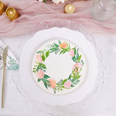 25-Pack Paper Round Dessert Plates 7" White with Rose/Peony Flower Wreath - Disposable Appetizer Salad Plates for Bridal Showers & Garden Parties