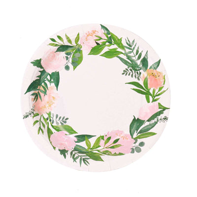 25-Pack Paper Round Dessert Plates 7" White with Rose/Peony Flower Wreath - Disposable Appetizer Salad Plates for Bridal Showers & Garden Parties