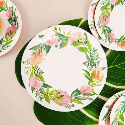 25-Pack Paper Round Dinner Plates 9" White with Rose/Peony Flower Wreath - Disposable Party Plates for Special Occasions & Gatherings