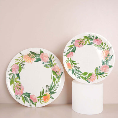 25-Pack Paper Round Dinner Plates 9" White with Rose/Peony Flower Wreath - Disposable Party Plates for Special Occasions & Gatherings