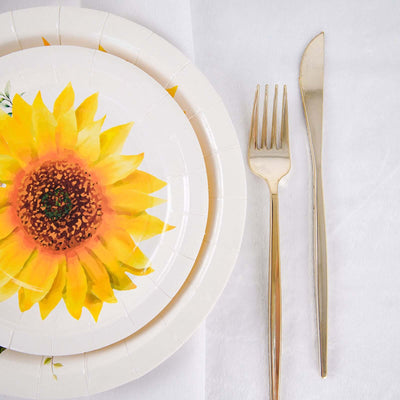 25-Pack Paper Round Dessert Plates 7" White with Sunflower Design - Disposable Salad Plates for Weddings & Bridal Showers
