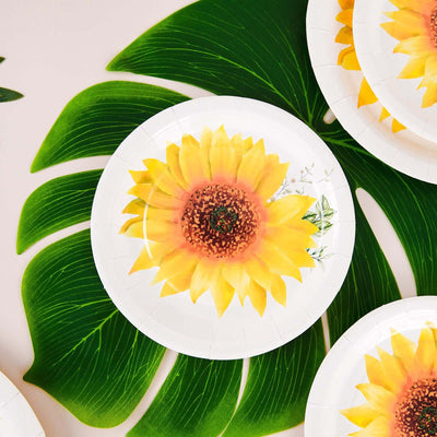 25-Pack Paper Round Dessert Plates 7" White with Sunflower Design - Disposable Salad Plates for Weddings & Bridal Showers