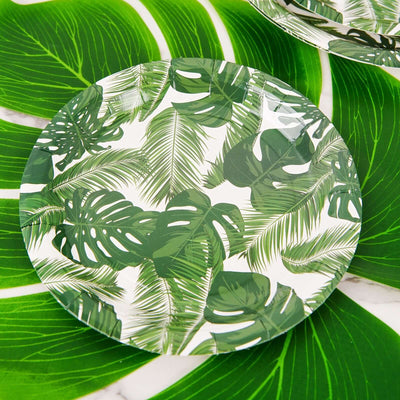 25-Pack Paper Round Dessert Plates 7" White with Tropical Palm Leaf Design - 300GSM Disposable Appetizer Salad Plates for Luau & Summer Gatherings
