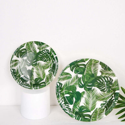 25-Pack Paper Round Dinner Plates 9" White with Tropical Palm Leaf Design - 300GSM Disposable Party Plates for Boho Chic & Jungle Themed Events