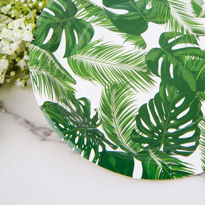 25-Pack Paper Round Dinner Plates 9" White with Tropical Palm Leaf Design - 300GSM Disposable Party Plates for Boho Chic & Jungle Themed Events