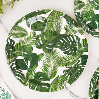 25-Pack Paper Round Dinner Plates 9" White with Tropical Palm Leaf Design - 300GSM Disposable Party Plates for Boho Chic & Jungle Themed Events