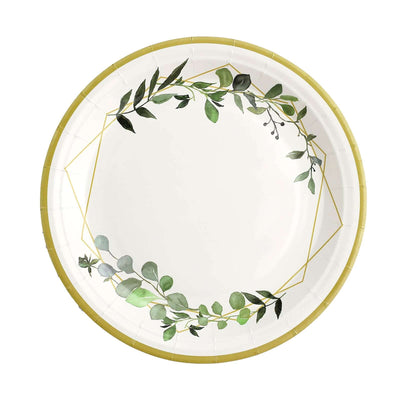24-Pack Paper Round Dinner Plates 9" White with Eucalyptus Leaves & Gold Rim - 300GSM Disposable Party Plates for Garden Weddings & Celebrations