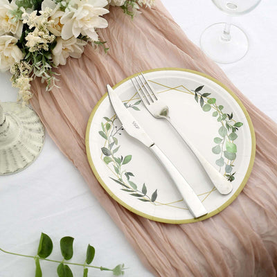 24-Pack Paper Round Dinner Plates 9" White with Eucalyptus Leaves & Gold Rim - 300GSM Disposable Party Plates for Garden Weddings & Celebrations