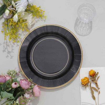 25-Pack Paper Round Dinner Plates 10" Black Sunray Design with Gold Rim - 350GSM Heavy Duty Disposable Party Plates