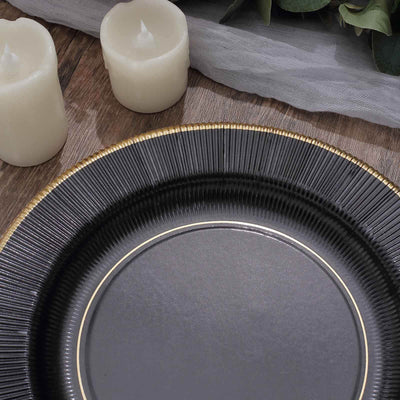 25-Pack Paper Round Dinner Plates 10" Black Sunray Design with Gold Rim - 350GSM Heavy Duty Disposable Party Plates