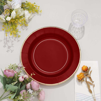 25-Pack Paper Round Dinner Plates 10" Burgundy Sunray Design with Gold Rim - 350GSM Heavy Duty Disposable Party Plates