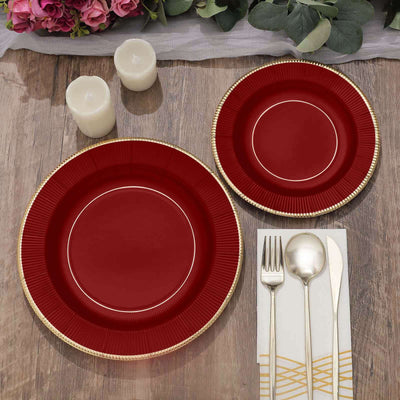 25-Pack Paper Round Dinner Plates 10" Burgundy Sunray Design with Gold Rim - 350GSM Heavy Duty Disposable Party Plates