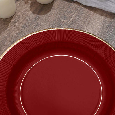 25-Pack Paper Round Dinner Plates 10" Burgundy Sunray Design with Gold Rim - 350GSM Heavy Duty Disposable Party Plates