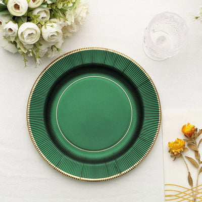 25-Pack Paper Round Dinner Plates 10" Hunter Emerald Green Sunray Design with Gold Rim - 350GSM Heavy Duty Disposable Party Plates