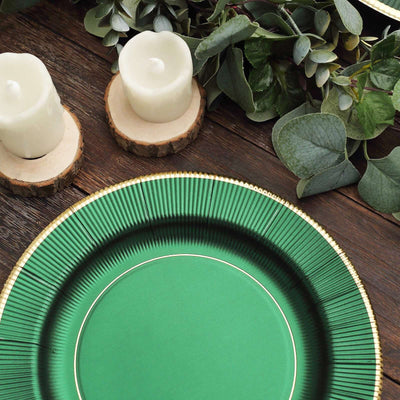 25-Pack Paper Round Dinner Plates 10" Hunter Emerald Green Sunray Design with Gold Rim - 350GSM Heavy Duty Disposable Party Plates