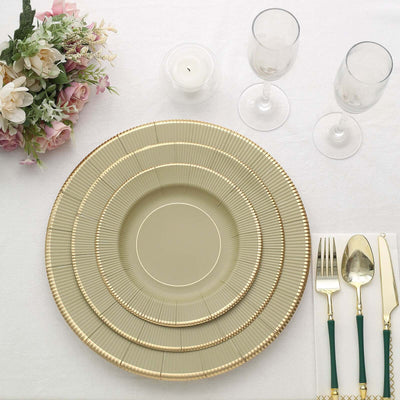 25-Pack Paper Round Dinner Plates 10" Khaki Sunray Design with Gold Rim - 350GSM Heavy Duty Disposable Party Plates