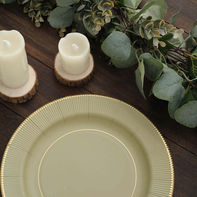 25-Pack Paper Round Dinner Plates 10" Khaki Sunray Design with Gold Rim - 350GSM Heavy Duty Disposable Party Plates