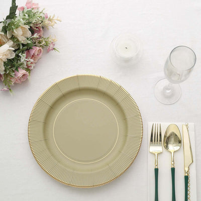 25-Pack Paper Round Dinner Plates 10" Khaki Sunray Design with Gold Rim - 350GSM Heavy Duty Disposable Party Plates