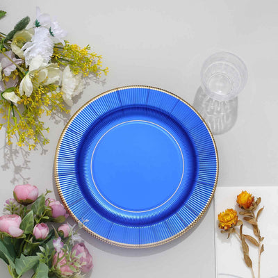 25-Pack Paper Round Dinner Plates 10" Royal Blue Sunray Design with Gold Rim - 350GSM Heavy Duty Disposable Party Plates