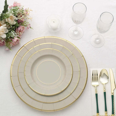 25-Pack Paper Round Dinner Plates 10" Taupe Sunray Design with Gold Rim - 350GSM Heavy Duty Disposable Party Plates