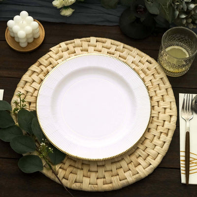 25-Pack Paper Round Dinner Plates 10" White Sunray Design with Gold Rim - 350GSM Heavy Duty Disposable Party Plates for Cocktail Events & Receptions
