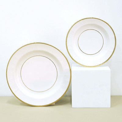25-Pack Paper Round Dinner Plates 10" White Sunray Design with Gold Rim - 350GSM Heavy Duty Disposable Party Plates for Cocktail Events & Receptions