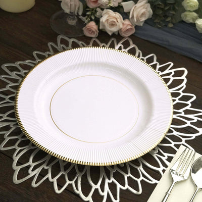 25-Pack Paper Round Dinner Plates 10" White Sunray Design with Gold Rim - 350GSM Heavy Duty Disposable Party Plates for Cocktail Events & Receptions