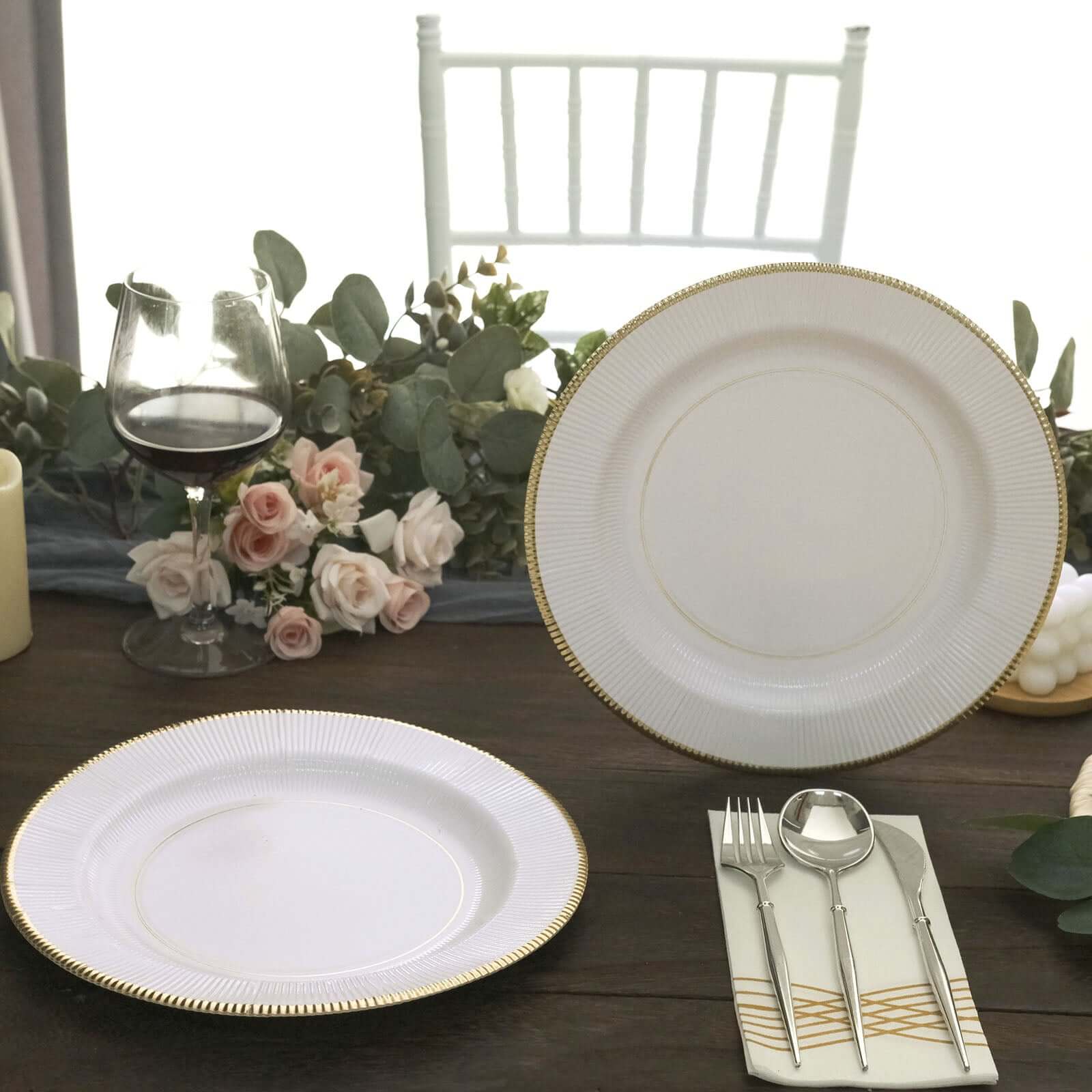 25-Pack White Sunray Gold Rimmed Dinner Plates | eFavormart.com