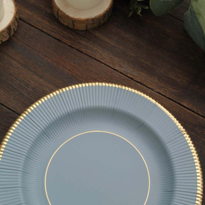 25-Pack Paper Round Dessert Plates 8" Dusty Blue Sunray Design with Gold Rim - 350GSM Heavy Duty Disposable Appetizer Salad Plates