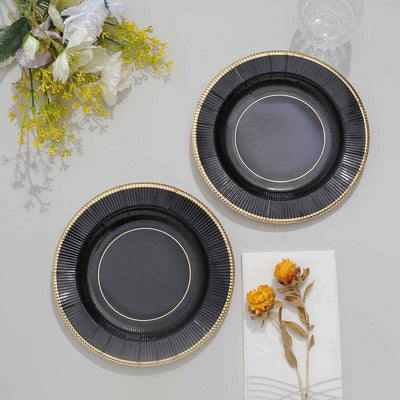25-Pack Paper Round Dessert Plates 8" Black Sunray Design with Gold Rim - 350GSM Heavy Duty Disposable Appetizer Salad Plates