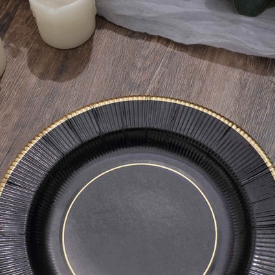 25-Pack Paper Round Dessert Plates 8" Black Sunray Design with Gold Rim - 350GSM Heavy Duty Disposable Appetizer Salad Plates