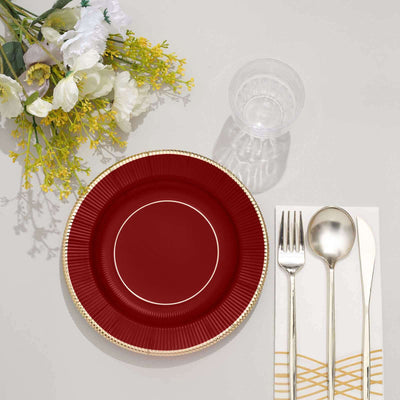 25-Pack Paper Round Dessert Plates 8" Burgundy Sunray Design with Gold Rim - 350GSM Heavy Duty Disposable Appetizer Salad Plates