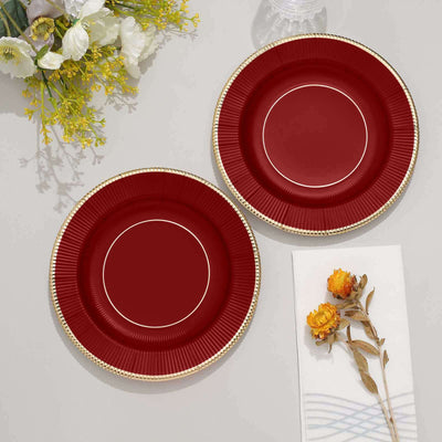 25-Pack Paper Round Dessert Plates 8" Burgundy Sunray Design with Gold Rim - 350GSM Heavy Duty Disposable Appetizer Salad Plates