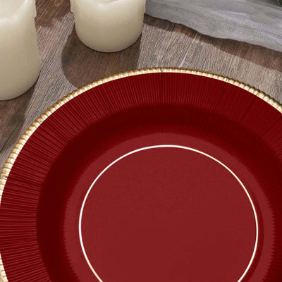 25-Pack Paper Round Dessert Plates 8" Burgundy Sunray Design with Gold Rim - 350GSM Heavy Duty Disposable Appetizer Salad Plates