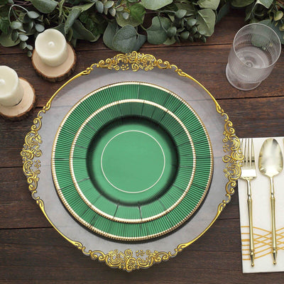 25-Pack Paper Round Dessert Plates 8" Hunter Emerald Green Sunray Design with Gold Rim - 350GSM Heavy Duty Disposable Appetizer Salad Plates