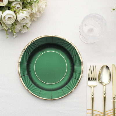 25-Pack Paper Round Dessert Plates 8" Hunter Emerald Green Sunray Design with Gold Rim - 350GSM Heavy Duty Disposable Appetizer Salad Plates