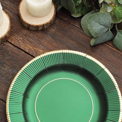 25-Pack Paper Round Dessert Plates 8" Hunter Emerald Green Sunray Design with Gold Rim - 350GSM Heavy Duty Disposable Appetizer Salad Plates