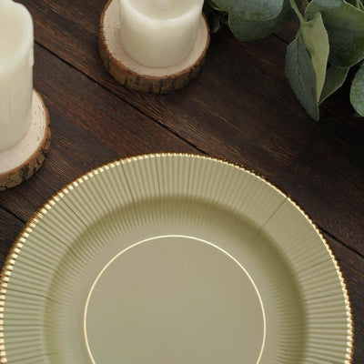 25-Pack Paper Round Dessert Plates 8" Khaki Sunray Design with Gold Rim - 350GSM Heavy Duty Disposable Appetizer Salad Plates