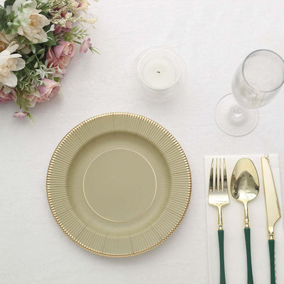 25-Pack Paper Round Dessert Plates 8" Khaki Sunray Design with Gold Rim - 350GSM Heavy Duty Disposable Appetizer Salad Plates