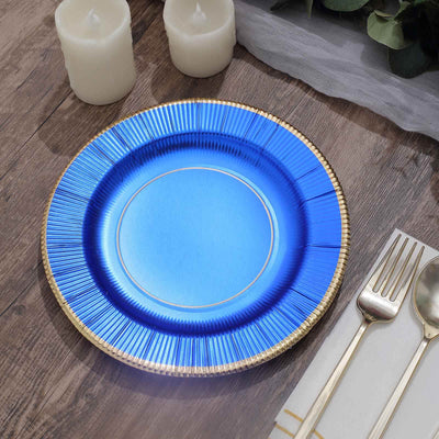 25-Pack Paper Round Dessert Plates 8" Royal Blue Sunray Design with Gold Rim - 350GSM Heavy Duty Disposable Appetizer Salad Plates