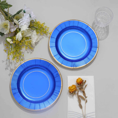 25-Pack Paper Round Dessert Plates 8" Royal Blue Sunray Design with Gold Rim - 350GSM Heavy Duty Disposable Appetizer Salad Plates