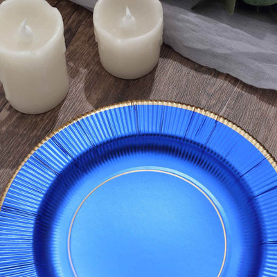 25-Pack Paper Round Dessert Plates 8" Royal Blue Sunray Design with Gold Rim - 350GSM Heavy Duty Disposable Appetizer Salad Plates