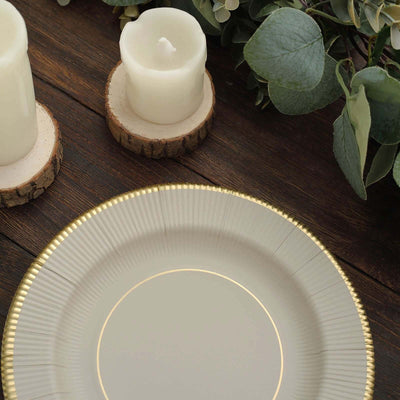 25-Pack Paper Round Dessert Plates 8" Taupe Sunray Design with Gold Rim - 350GSM Heavy Duty Disposable Appetizer Salad Plates