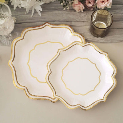 25-Pack Paper Dinner Plates 10" White with Gold Scallop Rim - 300GSM Disposable Party Plates for Cocktail Events & Receptions