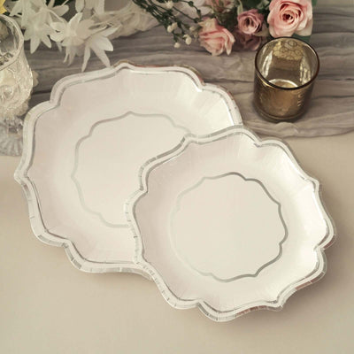 25-Pack Paper Dinner Plates 10" White with Silver Scallop Rim - 300GSM Disposable Party Plates