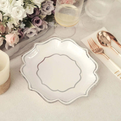 25-Pack Paper Dessert Plates 8" White with Silver Scallop Rim - 300GSM Disposable Appetizer Salad Plates