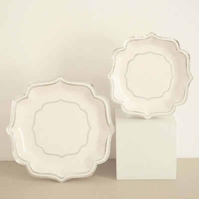 25-Pack Paper Dessert Plates 8" White with Silver Scallop Rim - 300GSM Disposable Appetizer Salad Plates