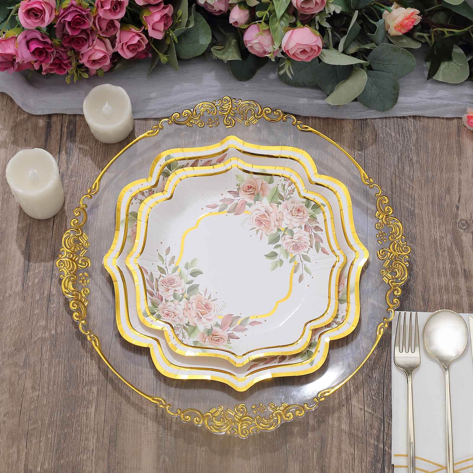 25-Pack White Gold Floral Scallop Rim Plates | eFavormart.com