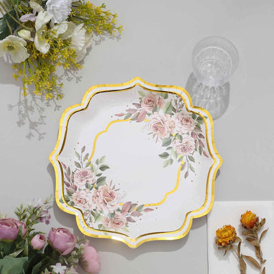 25-Pack Paper Dinner Plates 10" White with Floral Print & Gold Scallop Rim - 300GSM Disposable Party Plates for Classy Banquets & Celebrations