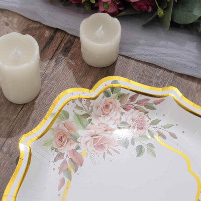 25-Pack Paper Dinner Plates 10" White with Floral Print & Gold Scallop Rim - 300GSM Disposable Party Plates for Classy Banquets & Celebrations